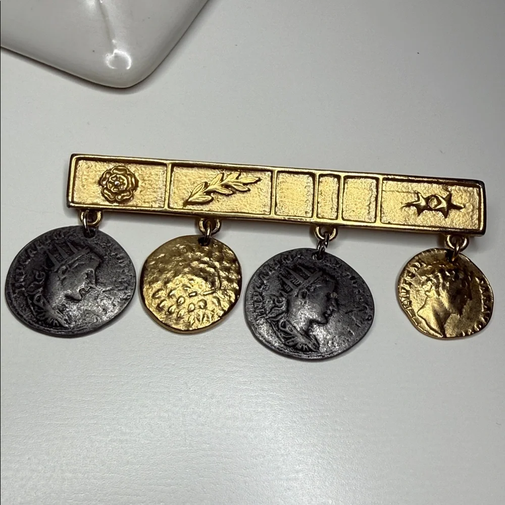 Vintage Gold and Silver tone simulated Coin Bar Brooch pin